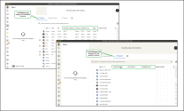 Side-by-side view of the 8x8 Frontdesk screen showing the Directory tab with full contact columns and the CC Queues tab with queue-specific columns such as agents enabled and active calls